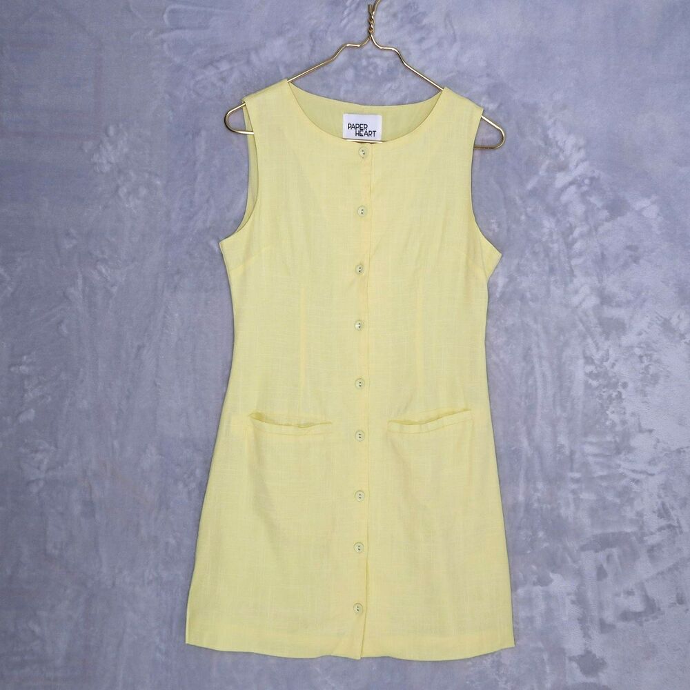 PAPER HEART Lemon Yellow Mini Shift Dress Size S Linen Blend Button Front Twee